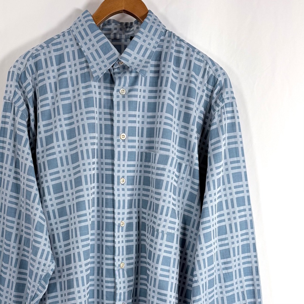 VTG Burberry London Button Down Shirt Blue Geometric Grid Check Cotton Men XL